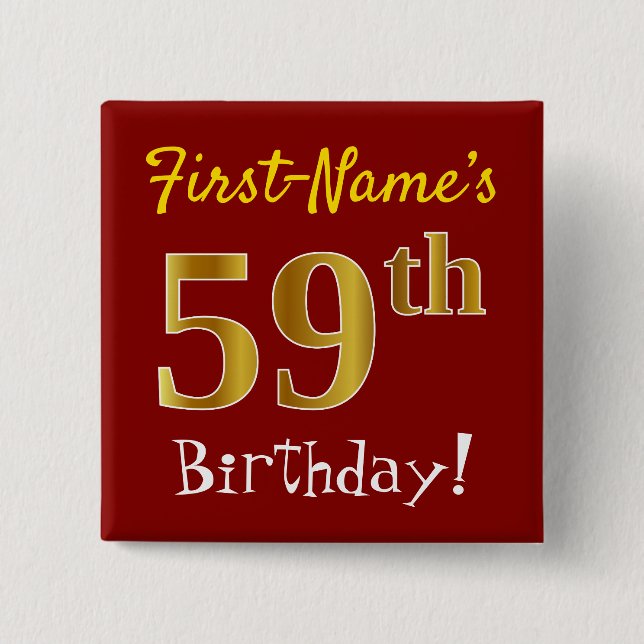 Red, Faux Gold 59th Birthday, With Custom Name 15 Cm Square Badge (Front)