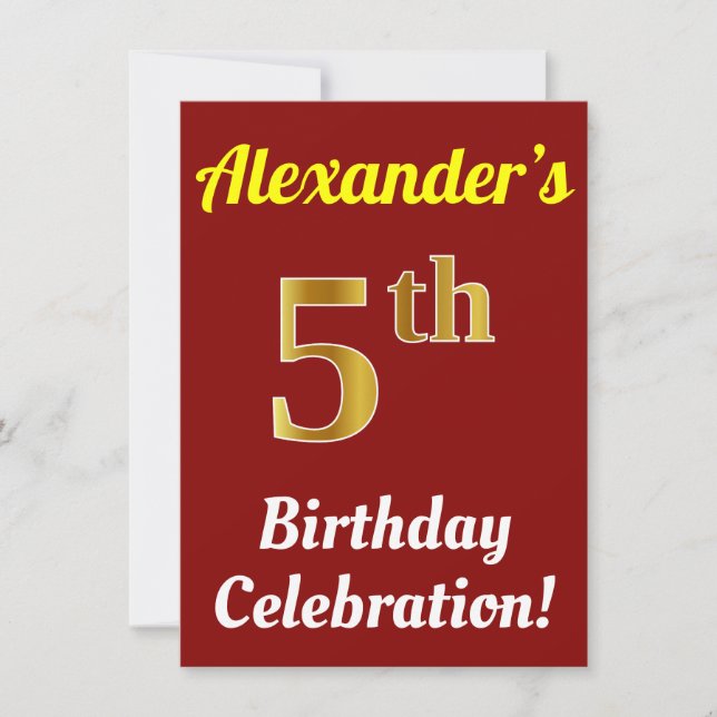 Red, Faux Gold 5th Birthday Celebration + Name Invitation (Front)