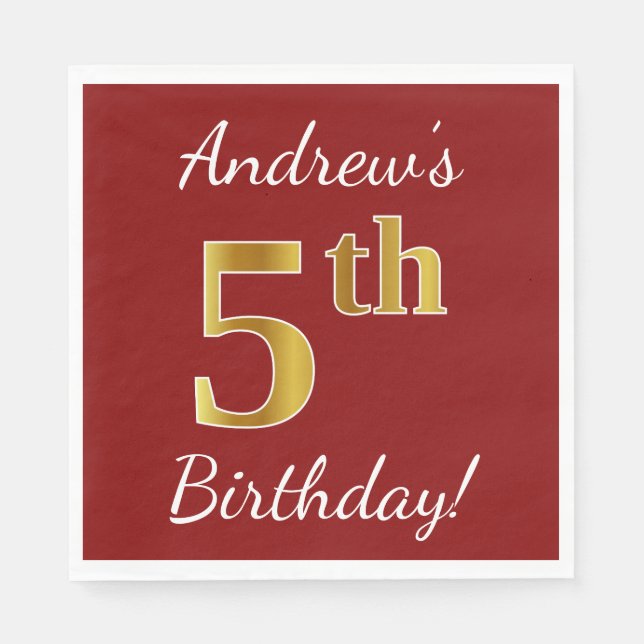 Red, Faux Gold 5th Birthday + Custom Name Napkin (Front)