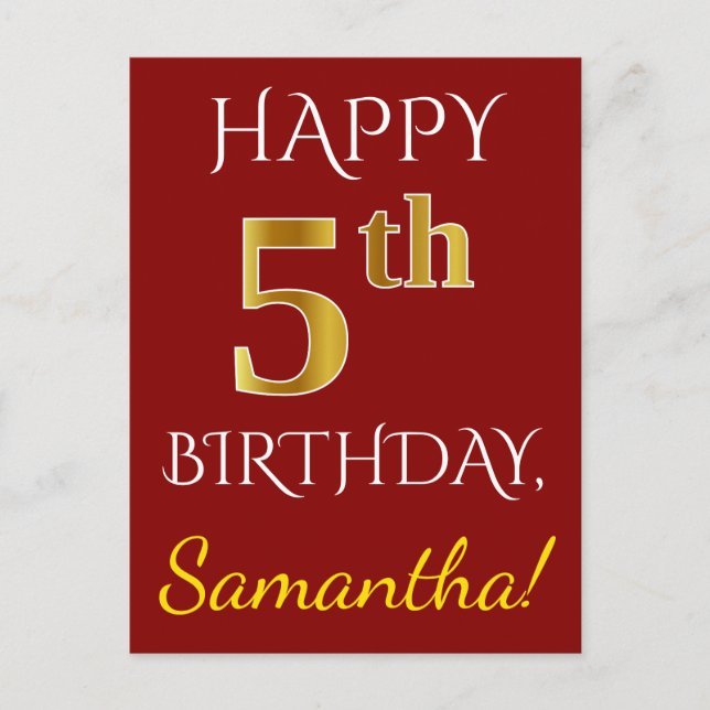 Red, Faux Gold 5th Birthday + Custom Name Postcard (Front)