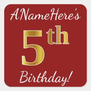 Red, Faux Gold 5th Birthday + Custom Name Sticker