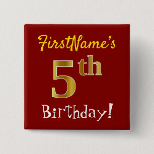 Red, Faux Gold 5th Birthday, With Custom Name 15 Cm Square Badge