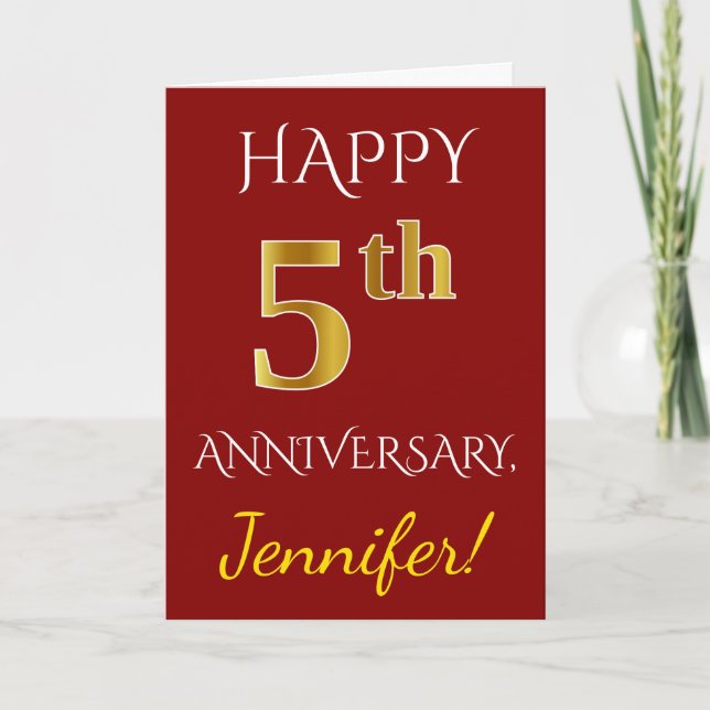 Red, Faux Gold 5th Wedding Anniversary + Name Card (Front)
