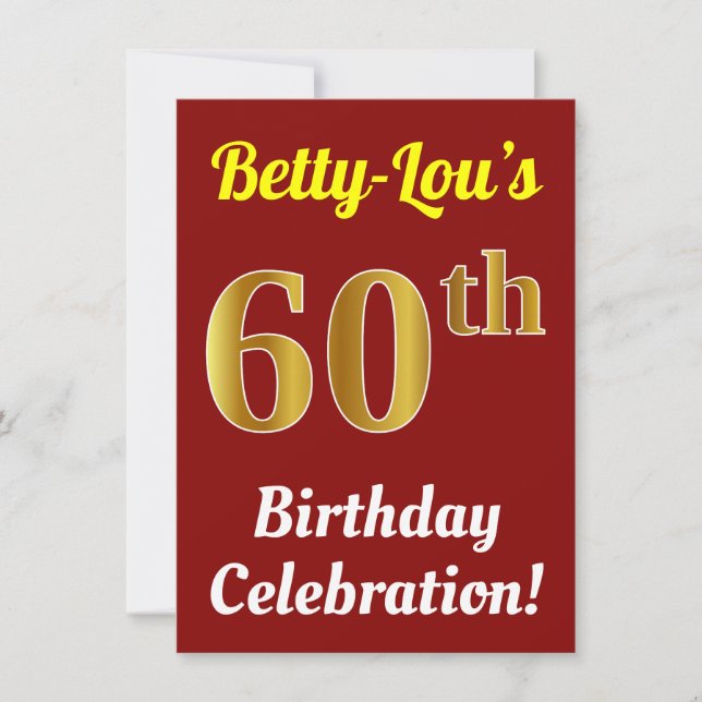 Red, Faux Gold 60th Birthday Celebration + Name Invitation (Front)