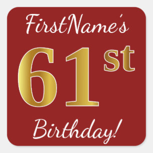 Red, Faux Gold 61st Birthday + Custom Name Sticker