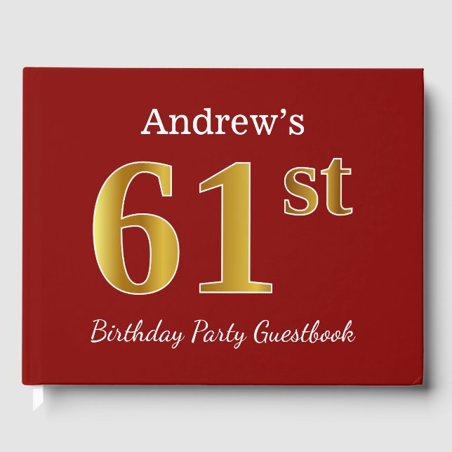 Red, Faux Gold 61st Birthday Party + Custom Name Guest Book (Front)