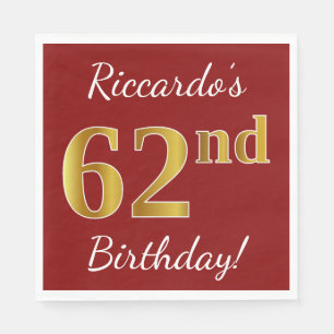 Red, Faux Gold 62nd Birthday + Custom Name Napkin