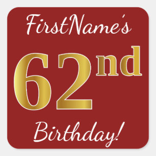 Red, Faux Gold 62nd Birthday + Custom Name Sticker
