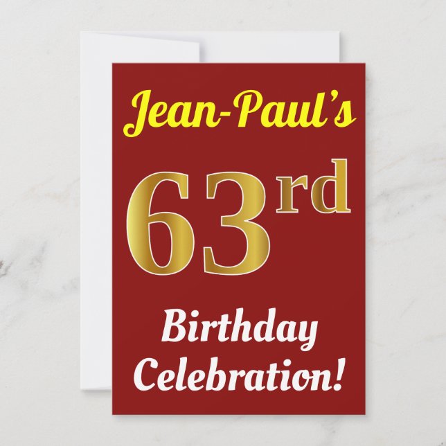 Red, Faux Gold 63rd Birthday Celebration + Name Invitation (Front)