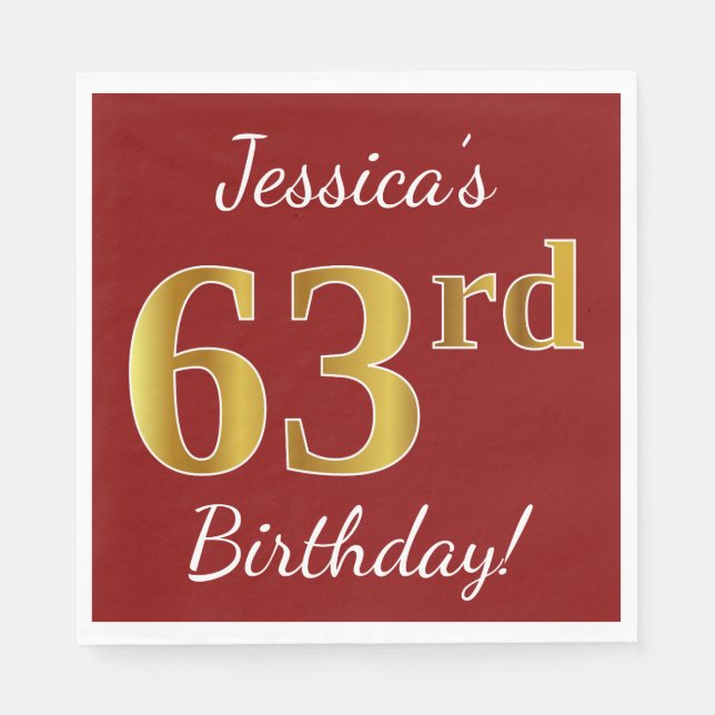 Red, Faux Gold 63rd Birthday + Custom Name Napkin (Front)