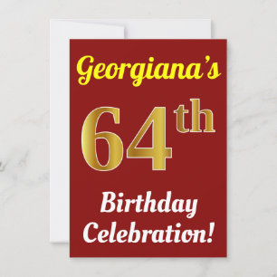 Red, Faux Gold 64th Birthday Celebration + Name Invitation