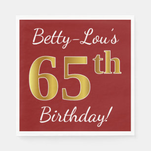Red, Faux Gold 65th Birthday + Custom Name Napkin
