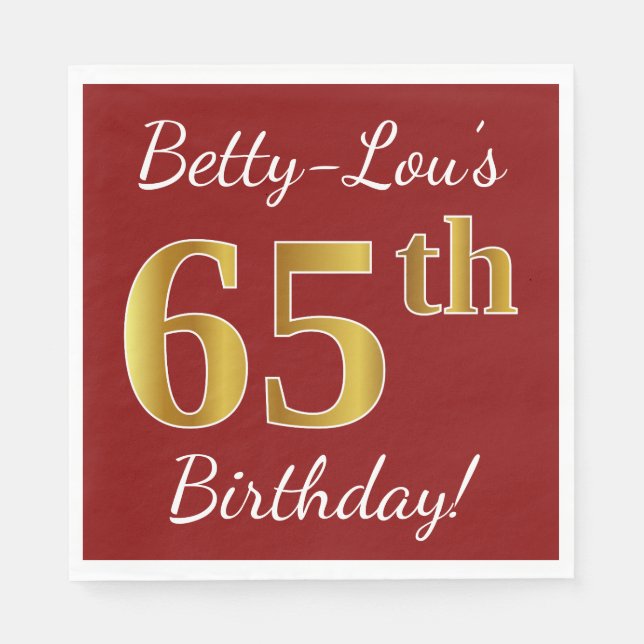 Red, Faux Gold 65th Birthday + Custom Name Napkin (Front)