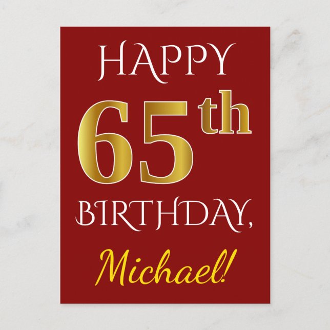 Red, Faux Gold 65th Birthday + Custom Name Postcard (Front)