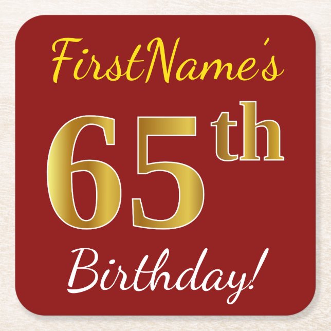Red, Faux Gold 65th Birthday + Custom Name Square Paper Coaster (Front)