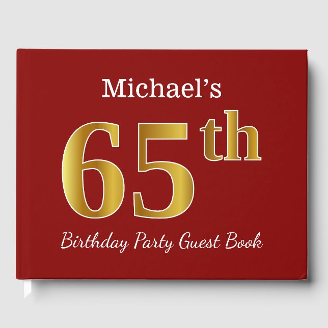 Red, Faux Gold 65th Birthday Party + Custom Name Guest Book (Front)