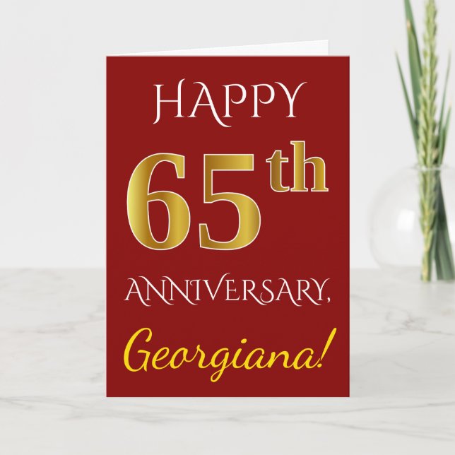 Red, Faux Gold 65th Wedding Anniversary + Name Card (Front)