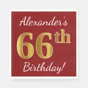 Red, Faux Gold 66th Birthday + Custom Name Napkin