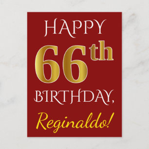 Red, Faux Gold 66th Birthday + Custom Name Postcard