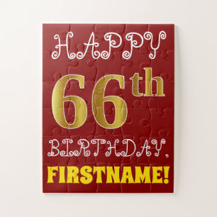 Red, Faux Gold 66th Birthday + Custom Name Puzzle