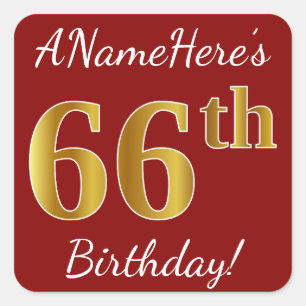 Red, Faux Gold 66th Birthday + Custom Name Sticker