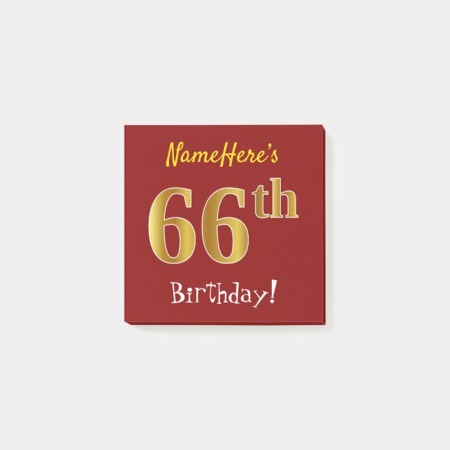 Red, Faux Gold 66th Birthday, With Custom Name Post-it Notes (Front)