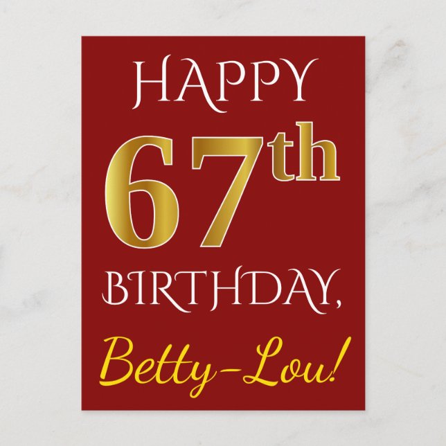 Red, Faux Gold 67th Birthday + Custom Name Postcard (Front)