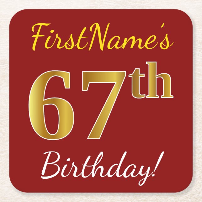 Red, Faux Gold 67th Birthday + Custom Name Square Paper Coaster (Front)