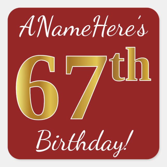 Red, Faux Gold 67th Birthday + Custom Name Sticker (Front)