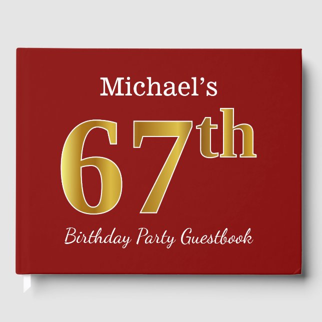 Red, Faux Gold 67th Birthday Party + Custom Name Guest Book (Front)
