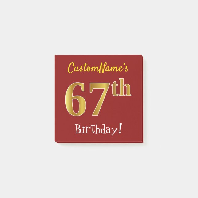 Red, Faux Gold 67th Birthday, With Custom Name Post-it Notes (Front)