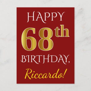 Red, Faux Gold 68th Birthday + Custom Name Postcard