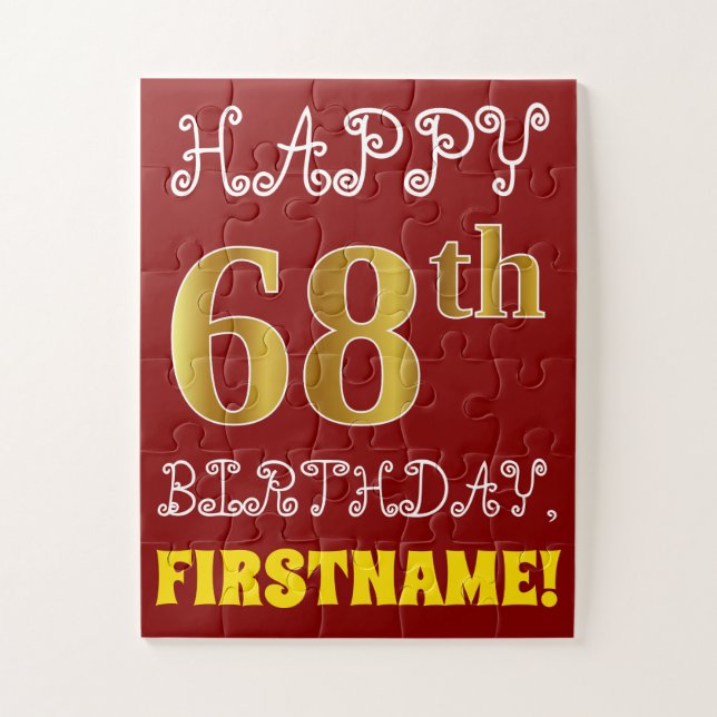 Red, Faux Gold 68th Birthday + Custom Name Puzzle (Vertical)