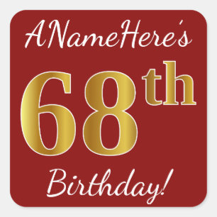Red, Faux Gold 68th Birthday + Custom Name Sticker