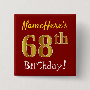 Red, Faux Gold 68th Birthday, With Custom Name 15 Cm Square Badge
