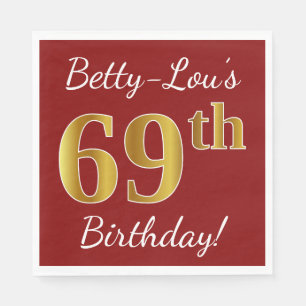 Red, Faux Gold 69th Birthday + Custom Name Napkin