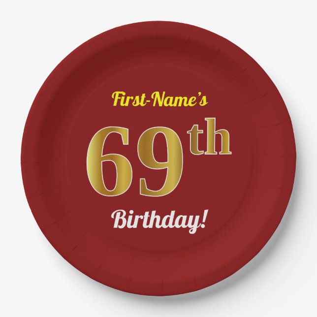 Red, Faux Gold 69th Birthday + Custom Name Paper Plate (Front)