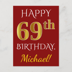Red, Faux Gold 69th Birthday + Custom Name Postcard