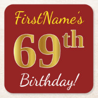 Red, Faux Gold 69th Birthday + Custom Name