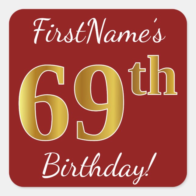 Red, Faux Gold 69th Birthday + Custom Name Sticker (Front)