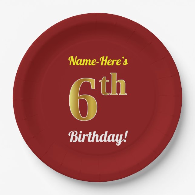 Red, Faux Gold 6th Birthday + Custom Name Paper Plate (Front)