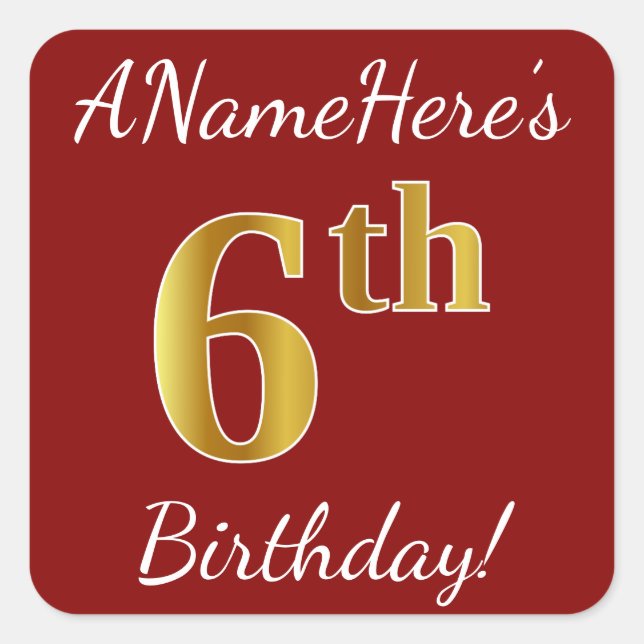 Red, Faux Gold 6th Birthday + Custom Name Sticker (Front)