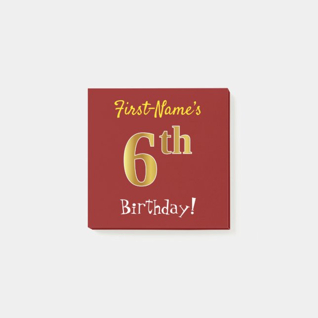 Red, Faux Gold 6th Birthday, With Custom Name Post-it Notes (Front)