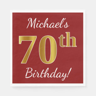 Red, Faux Gold 70th Birthday + Custom Name Napkin