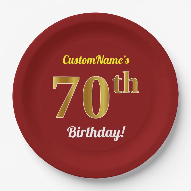 Red, Faux Gold 70th Birthday + Custom Name Paper Plate (Front)
