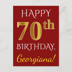 Red, Faux Gold 70th Birthday + Custom Name Postcard
