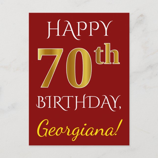 Red, Faux Gold 70th Birthday + Custom Name Postcard (Front)