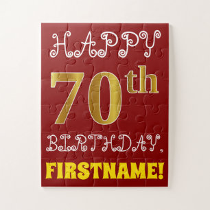 Red, Faux Gold 70th Birthday + Custom Name Puzzle
