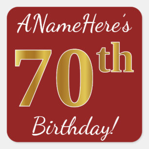 Red, Faux Gold 70th Birthday + Custom Name Sticker