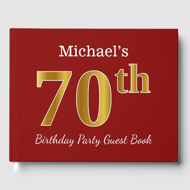 Red, Faux Gold 70th Birthday Party + Custom Name Guest Book (Front)
